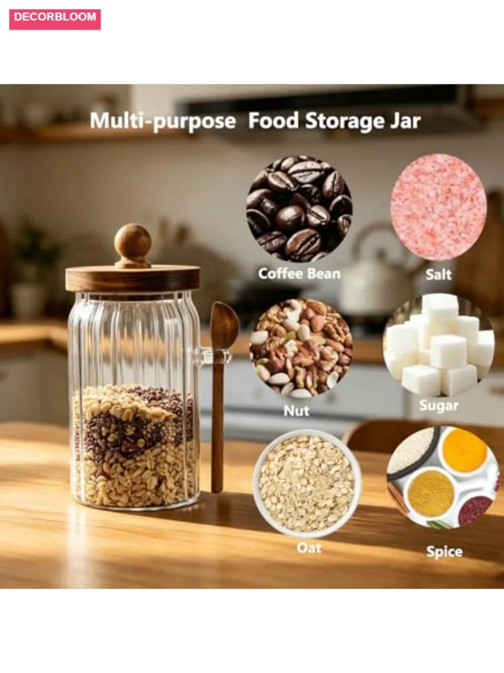 Vintage Glass Jar with Wooden Spoon Lid, 26 oz Airtight Coffee Storage